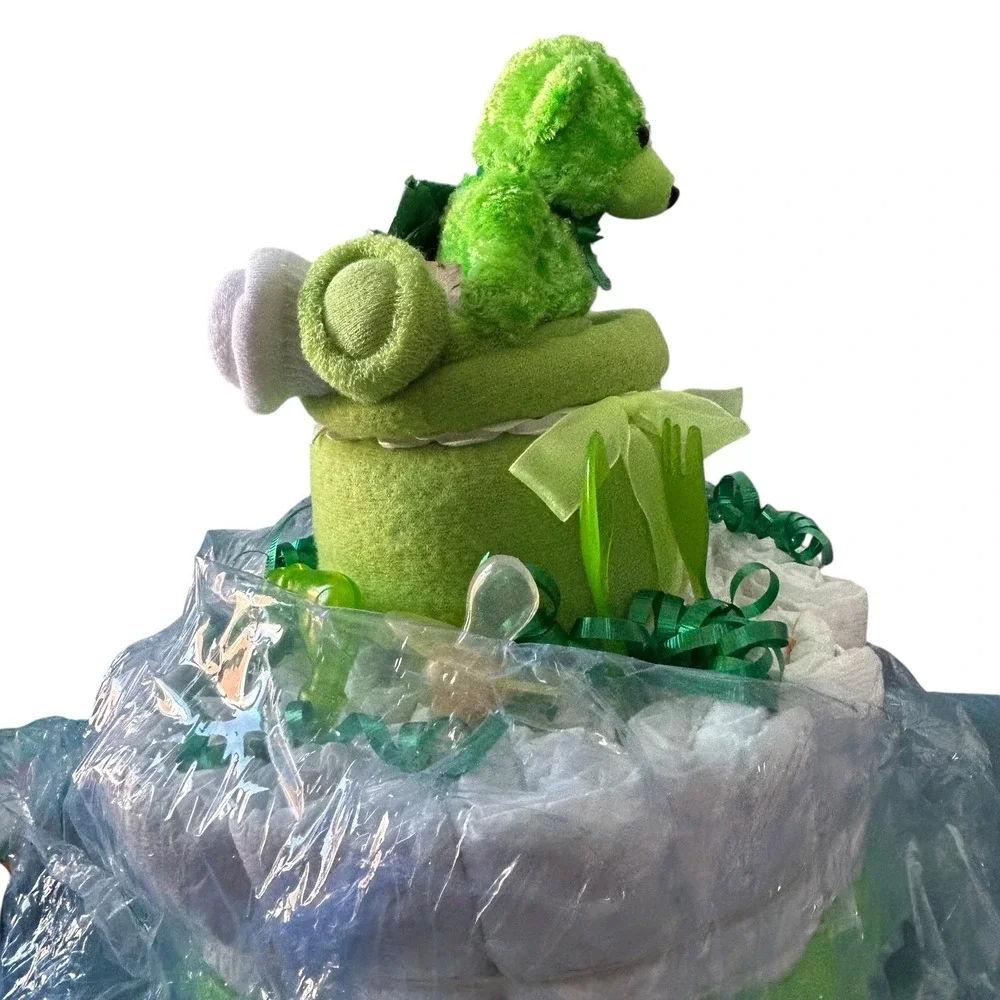 Green Diaper Cake Baby Shower Gift Teddy Bear Cow Blanket Baby Essentials NEW